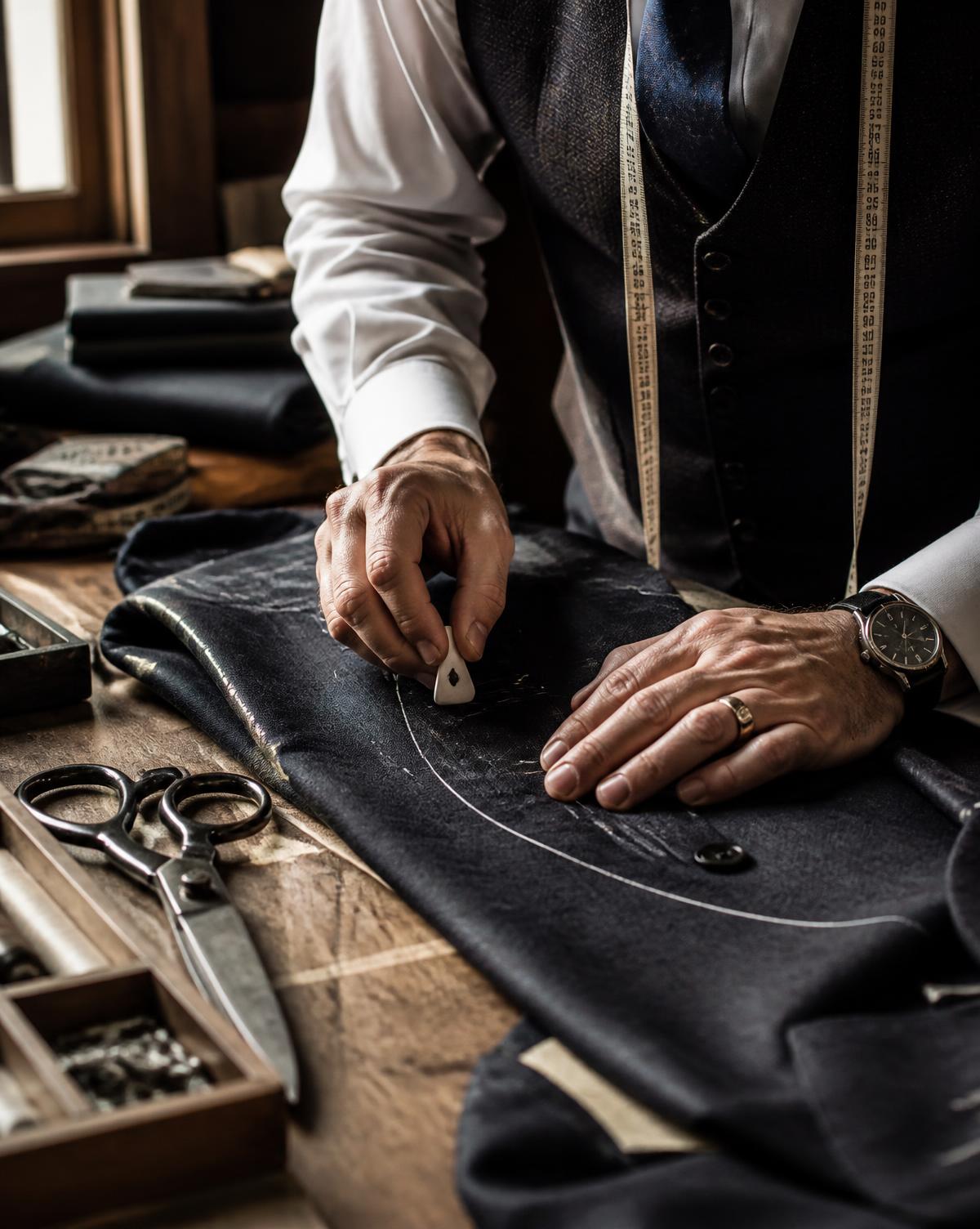 Tailor chalk-marking a wool jacket panel on the cutting table