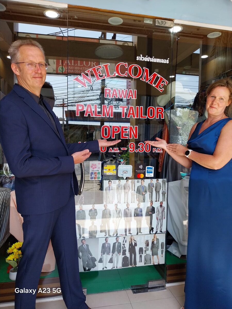 Customer in bespoke suit at Rawai Palm Tailor
