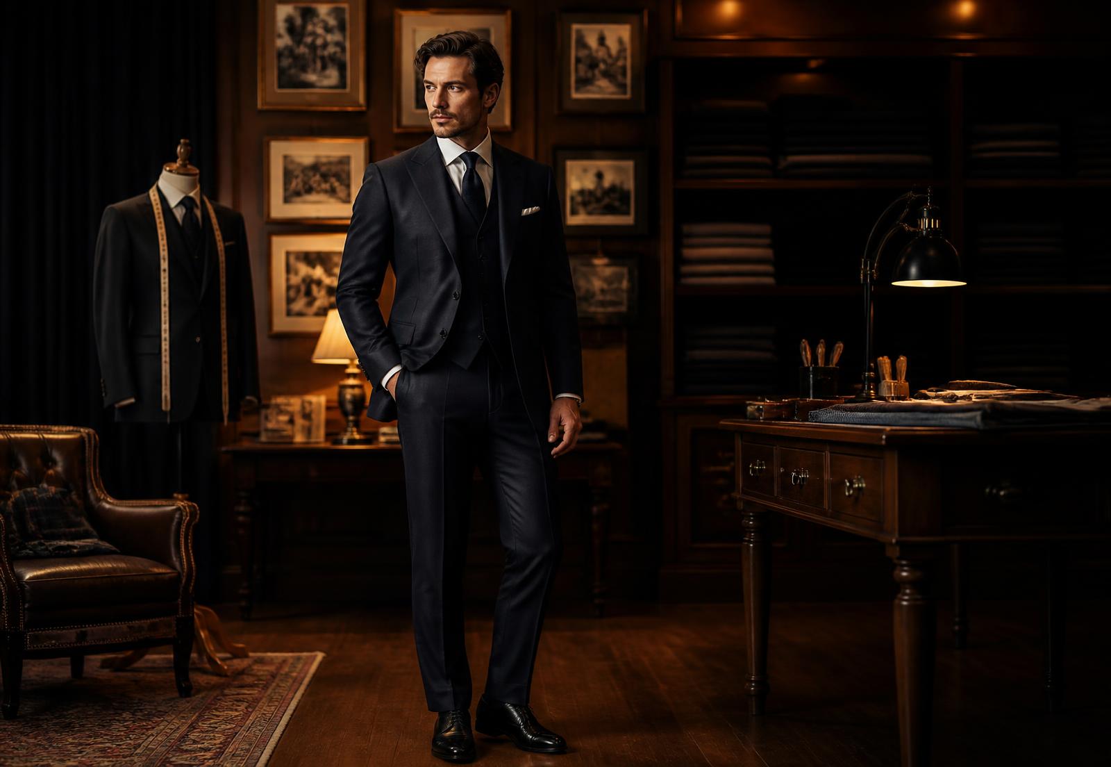 Master tailor's atelier with a gentleman in a bespoke navy three-piece suit